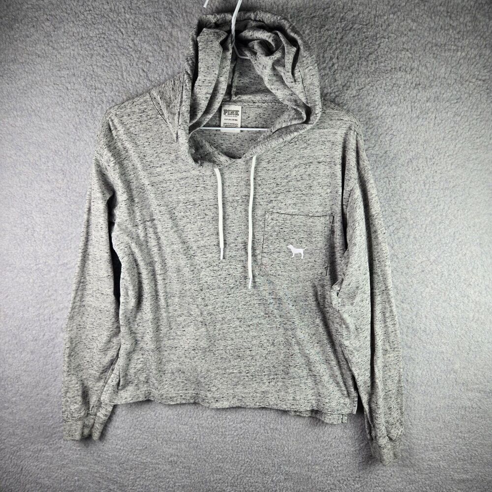 Pink Victorias Secret Hoodie Womens S Gray Heathered Dog Pocket Lightweight Top